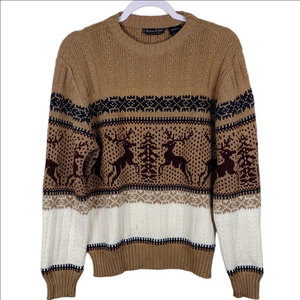 Andrew St John Tan Cream Reindeer Motif Crewneck Long Sleeve Cable Knit Sweater